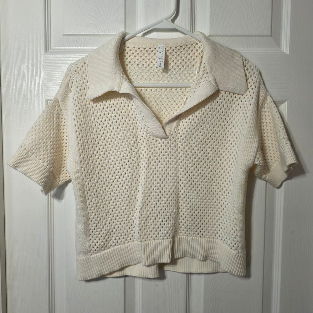 Stylus Short Sleeve Open Knit Cropped Polo Sweater Size M